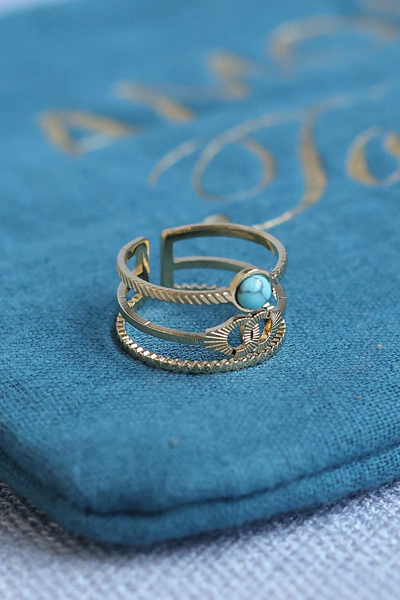 Bague dorée trio anneaux perle turquoise