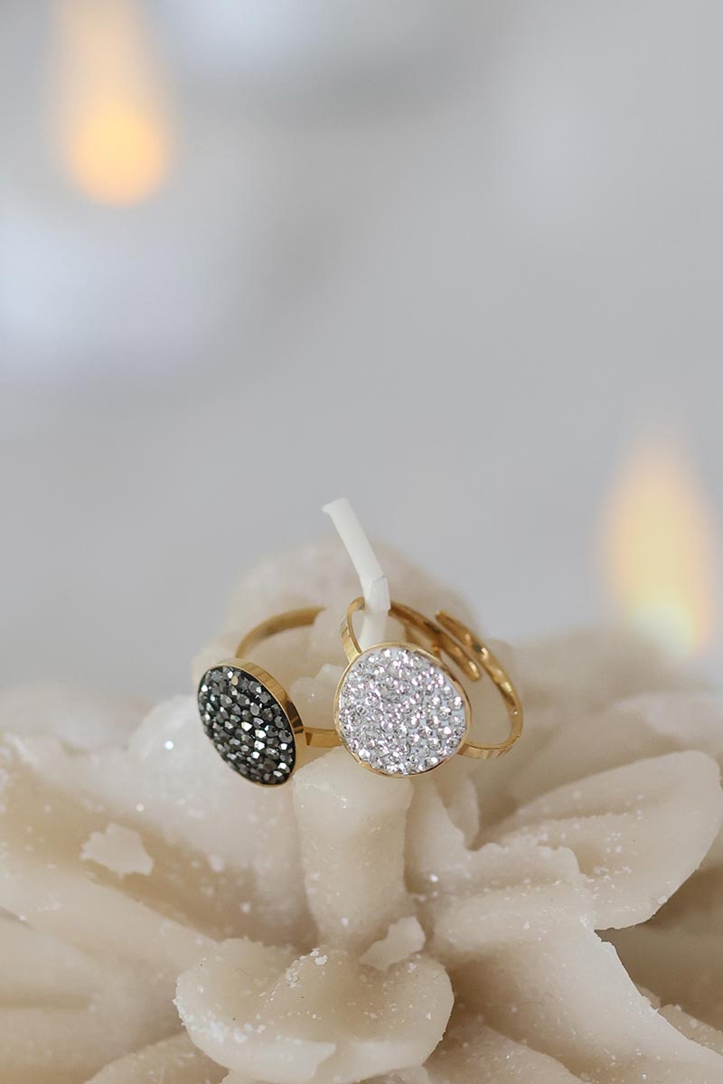 Bague réglable dorée strass noir bijoux femme accessoires mode G117