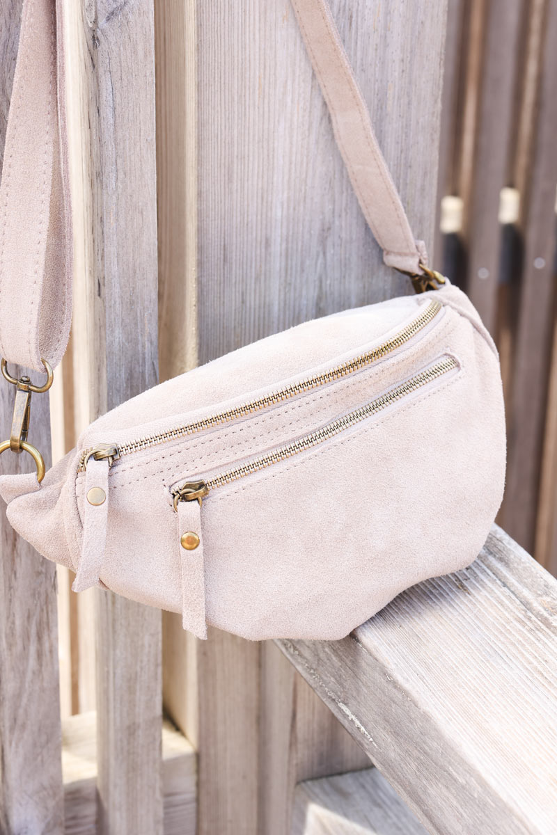 Beige suede leather shoulder bag with double zipped pockets horizons lointains