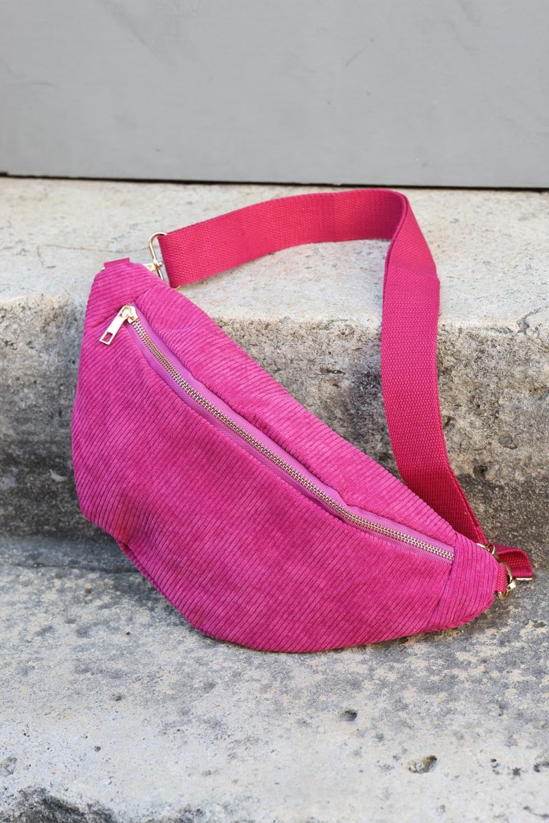 Banane bandouliere en velours cotele pink H039 (1)
