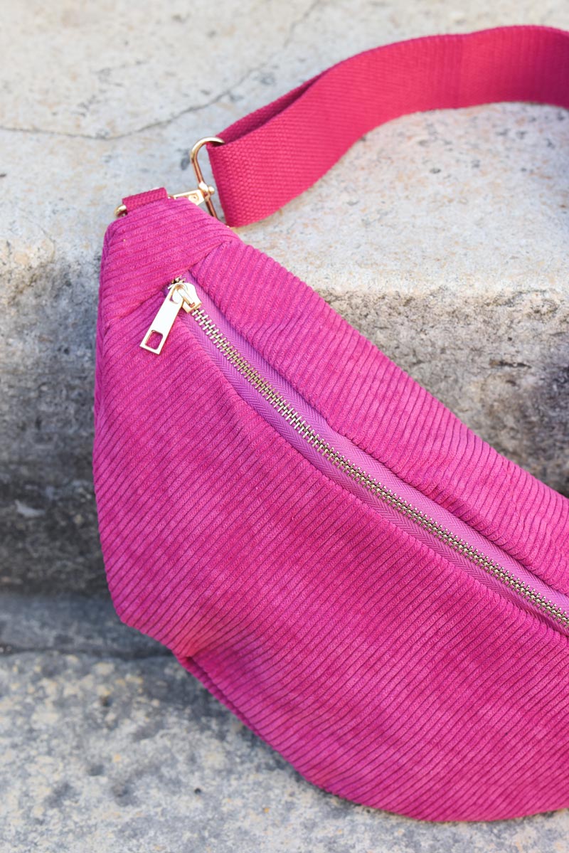 Banane bandouliere en velours cotele pink H039 (1)