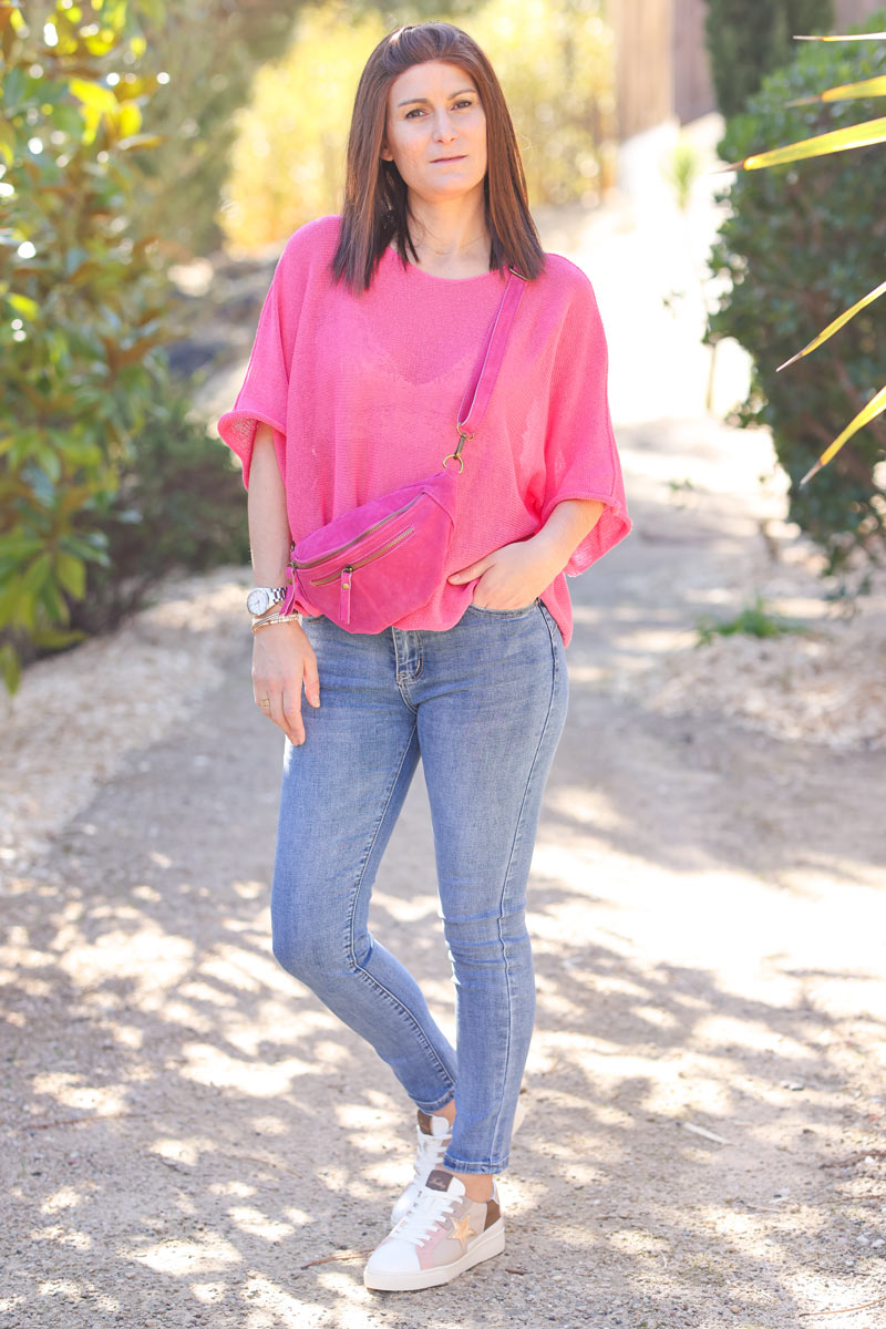 Banane bandoulière fuchsia en cuir velours double zips