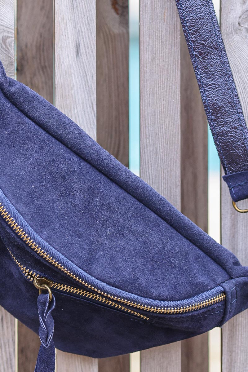 Banane en cuir velours bleu marine double zip anses brillantes