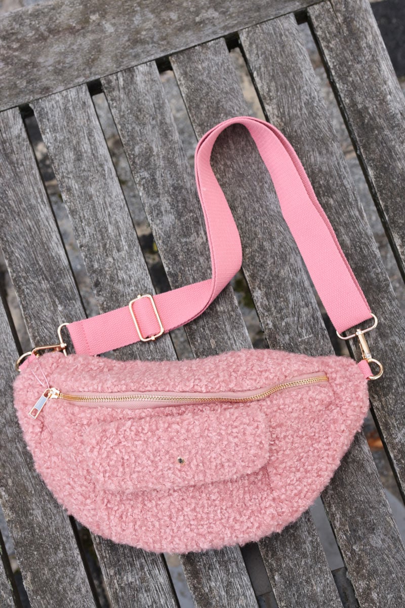 Pink teddy fleece crossbody bumbag with metallic threading