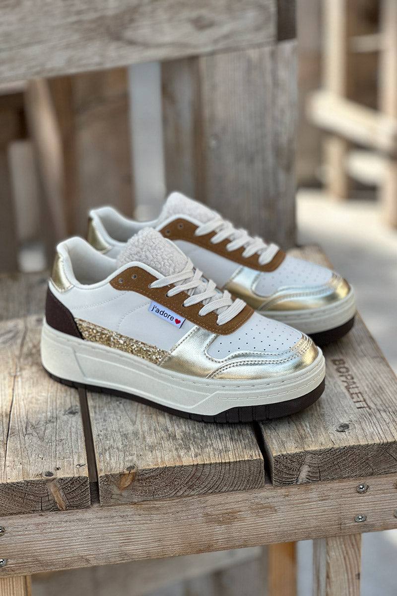White Sherpa Trim Glitter Sneakers