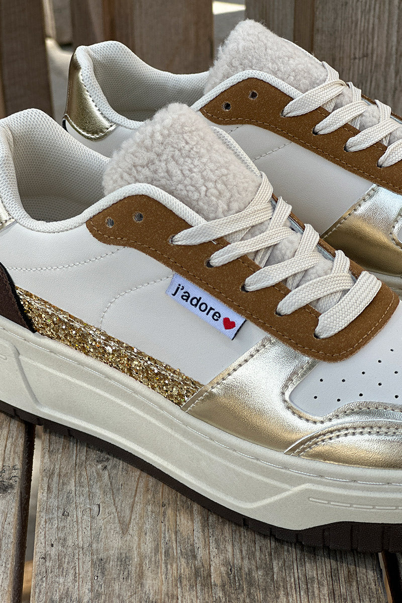 White Sherpa Trim Glitter Sneakers