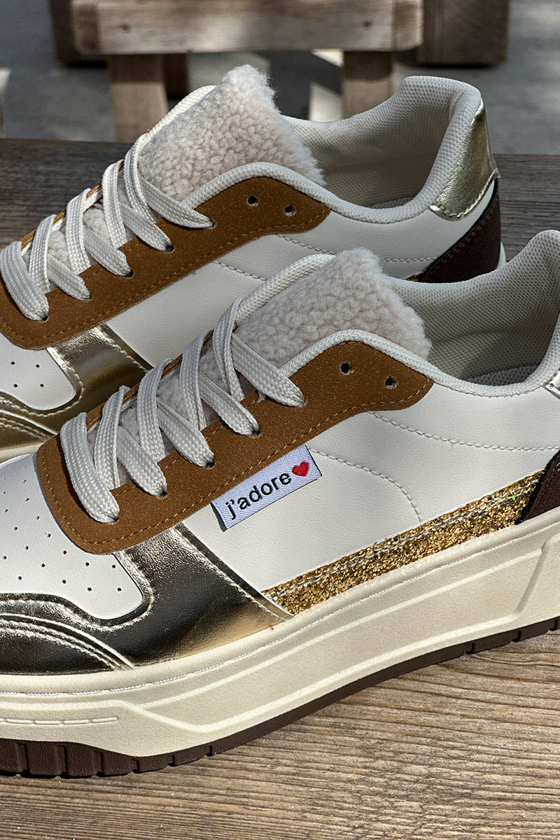 White Sherpa Trim Glitter Sneakers