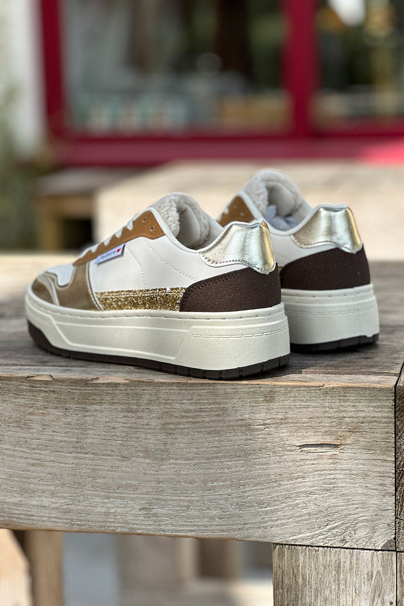 White Sherpa Trim Glitter Sneakers