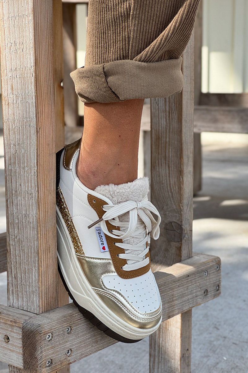 White Sherpa Trim Glitter Sneakers