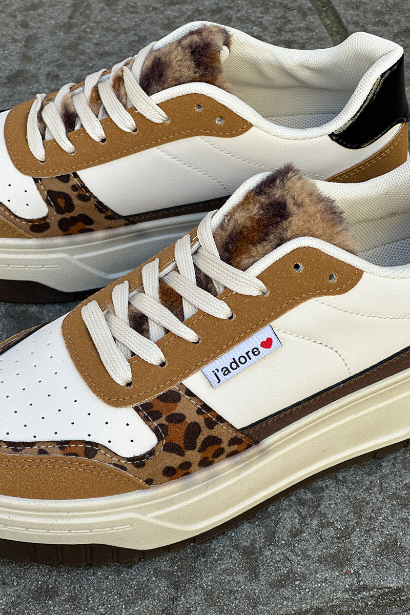 Baskets beige à plateforme compensée empiècements léopard et camel