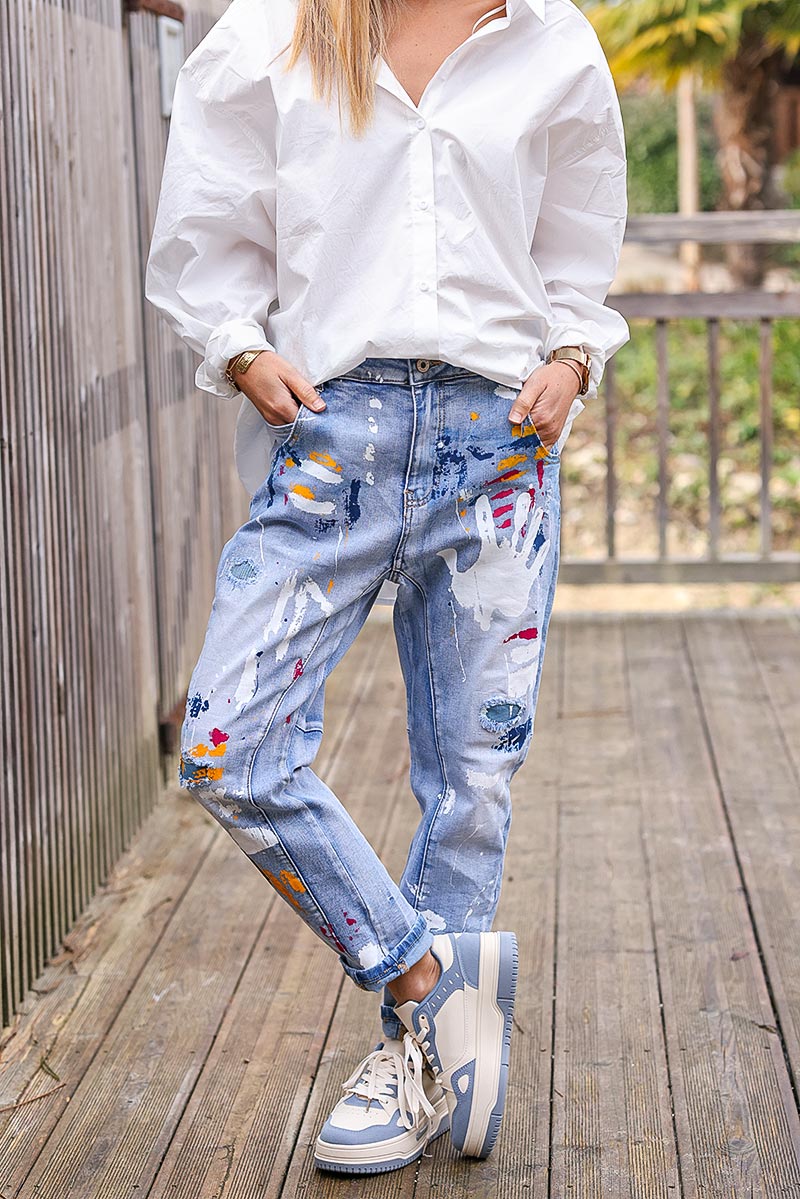 Deportivas bicolor crudo y azul denim con suela gruesa