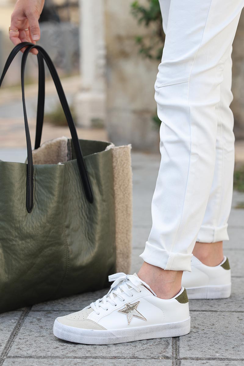 Baskets blanches semelles effet usé étoile dorée accessoires mode femme E007