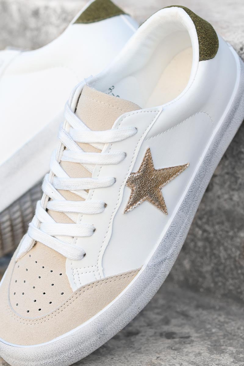 Baskets blanches semelles effet use étoile dorée sneakers femme tendance talon kaki E007