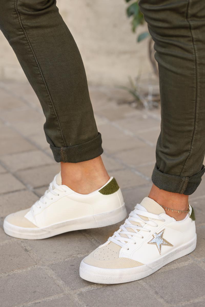 Baskets blanches semelles effet use étoile dorée sneakers femme tendance talon kaki E007