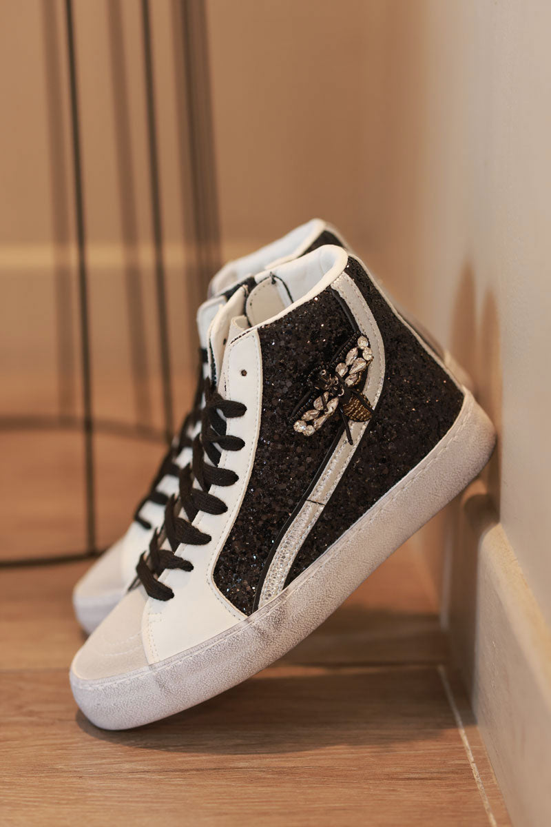 Black Glitter High-Top Sneakers with Bejeweled Queen Bee