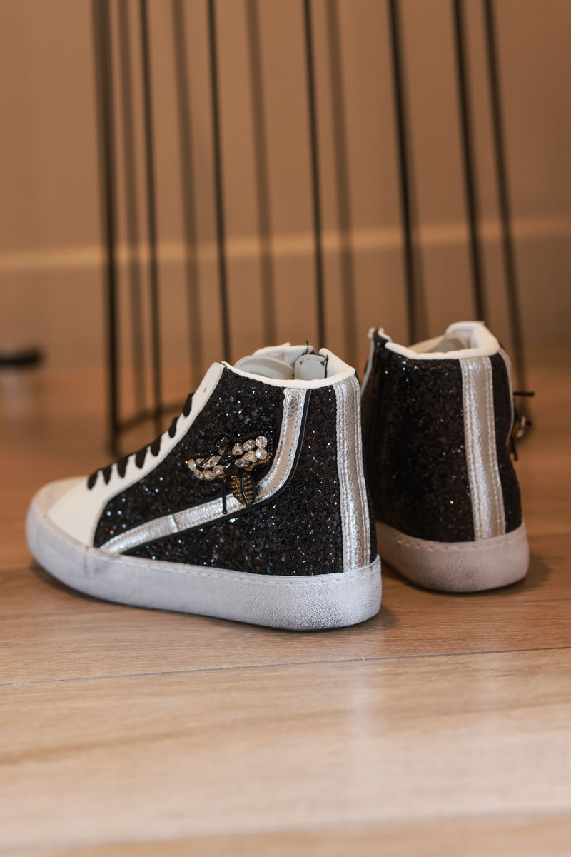 Black Glitter High-Top Sneakers with Bejeweled Queen Bee