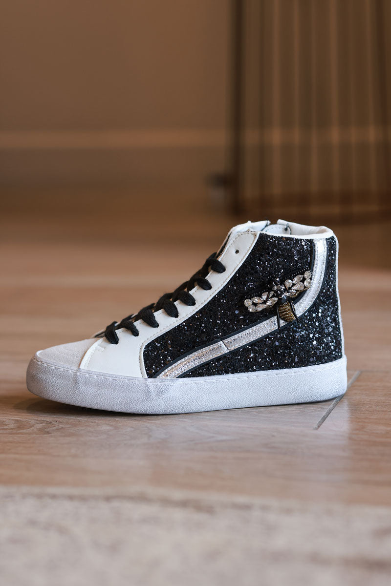 Black Glitter High-Top Sneakers with Bejeweled Queen Bee