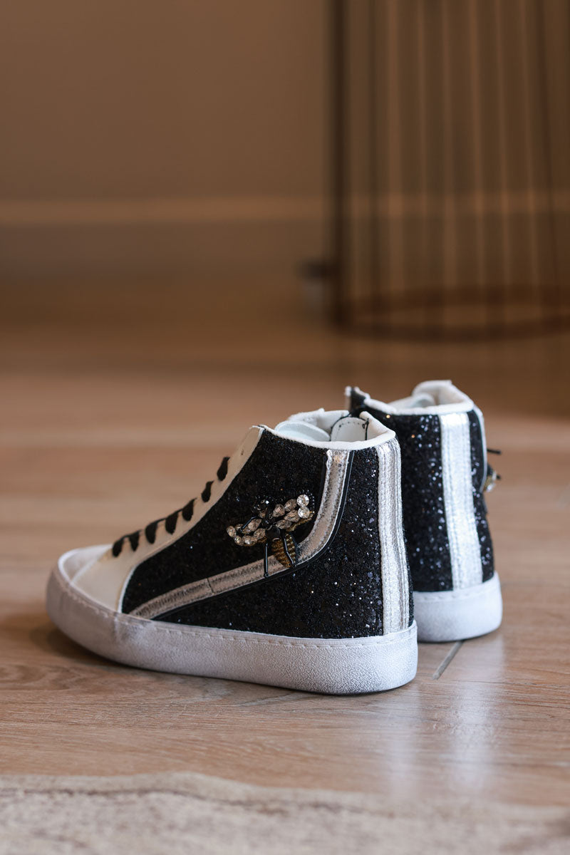 Black Glitter High-Top Sneakers with Bejeweled Queen Bee