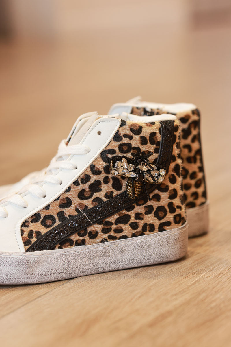 Leopard Print High-Top Sneakers with Bejeweled Queen Bee