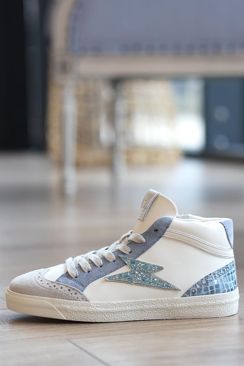 Baskets montantes blanches et bleu avec éclair paillettes bleues