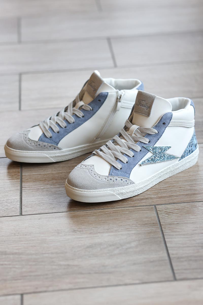 Baskets montantes blanches et bleu avec éclair paillettes bleues