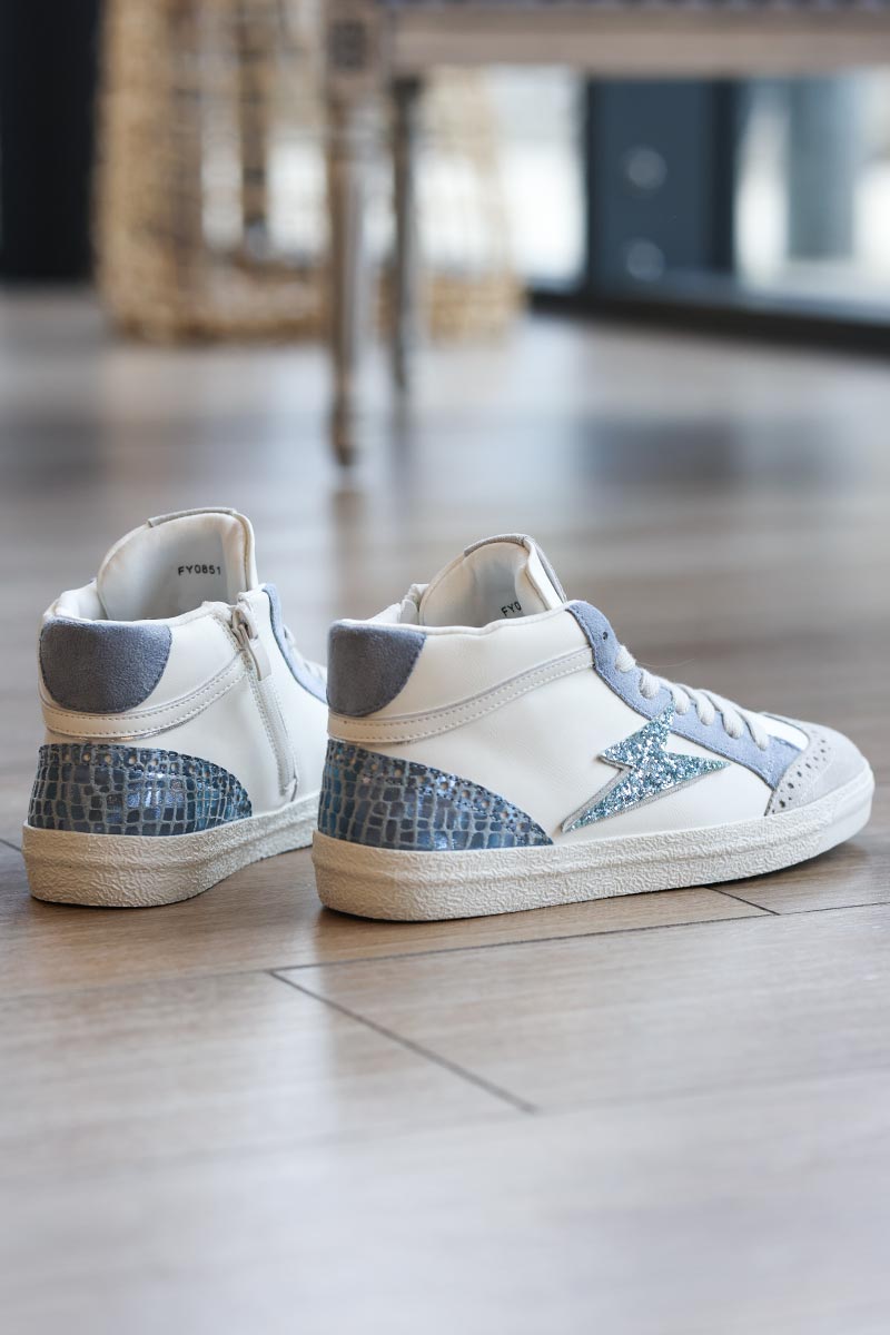 Baskets montantes blanches et bleu avec éclair paillettes bleues