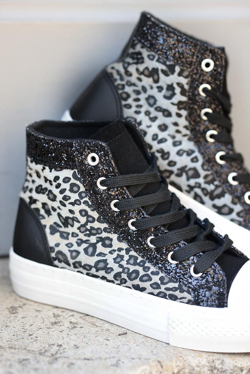 Baskets montantes noires léopard gris paillettes chaussures femme originales G063
