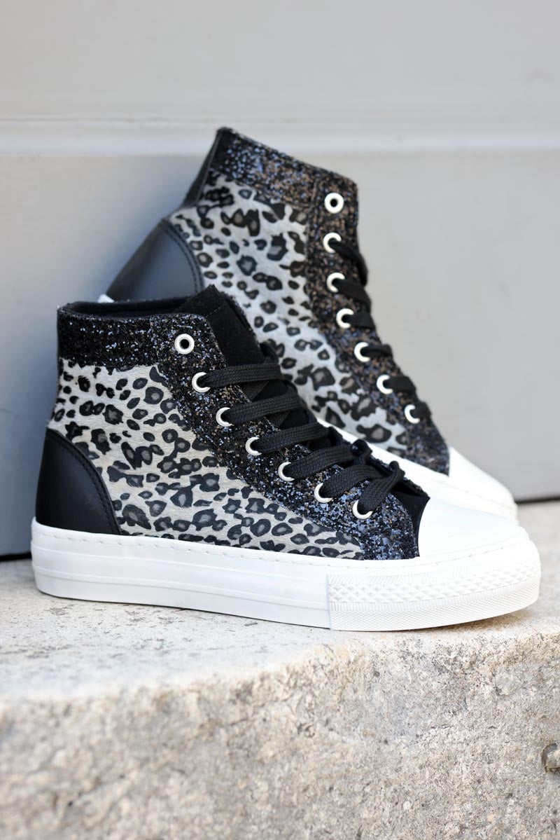 Baskets montantes noires léopard gris paillettes chaussures femme originales G063