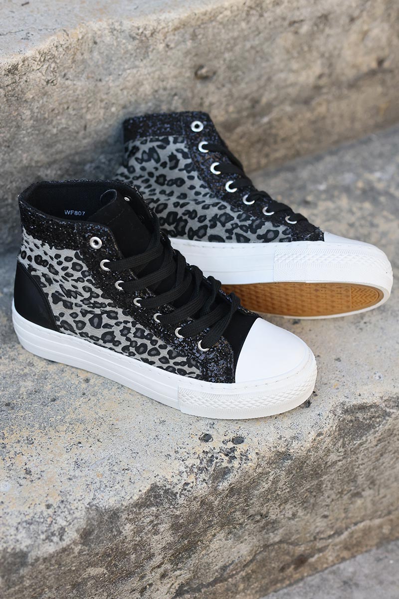 Baskets montantes noires léopard gris paillettes chaussures femme originales G063