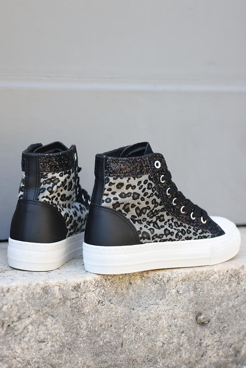Baskets montantes noires léopard gris paillettes chaussures femme originales G063