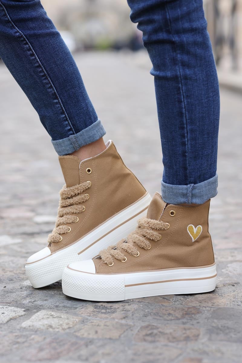 Taupe flatform hi trainers with fleece laces and gold heart