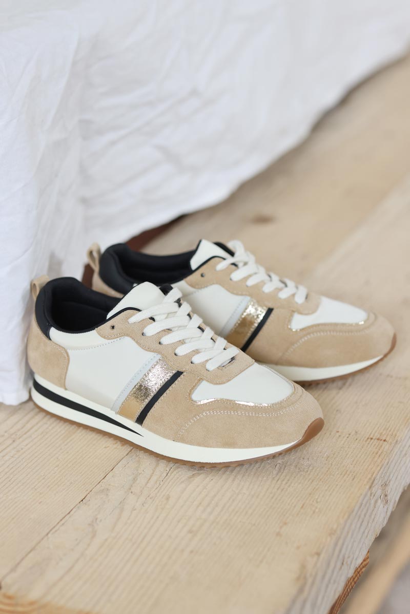 Baskets running beige dorees et noires H003 (1)