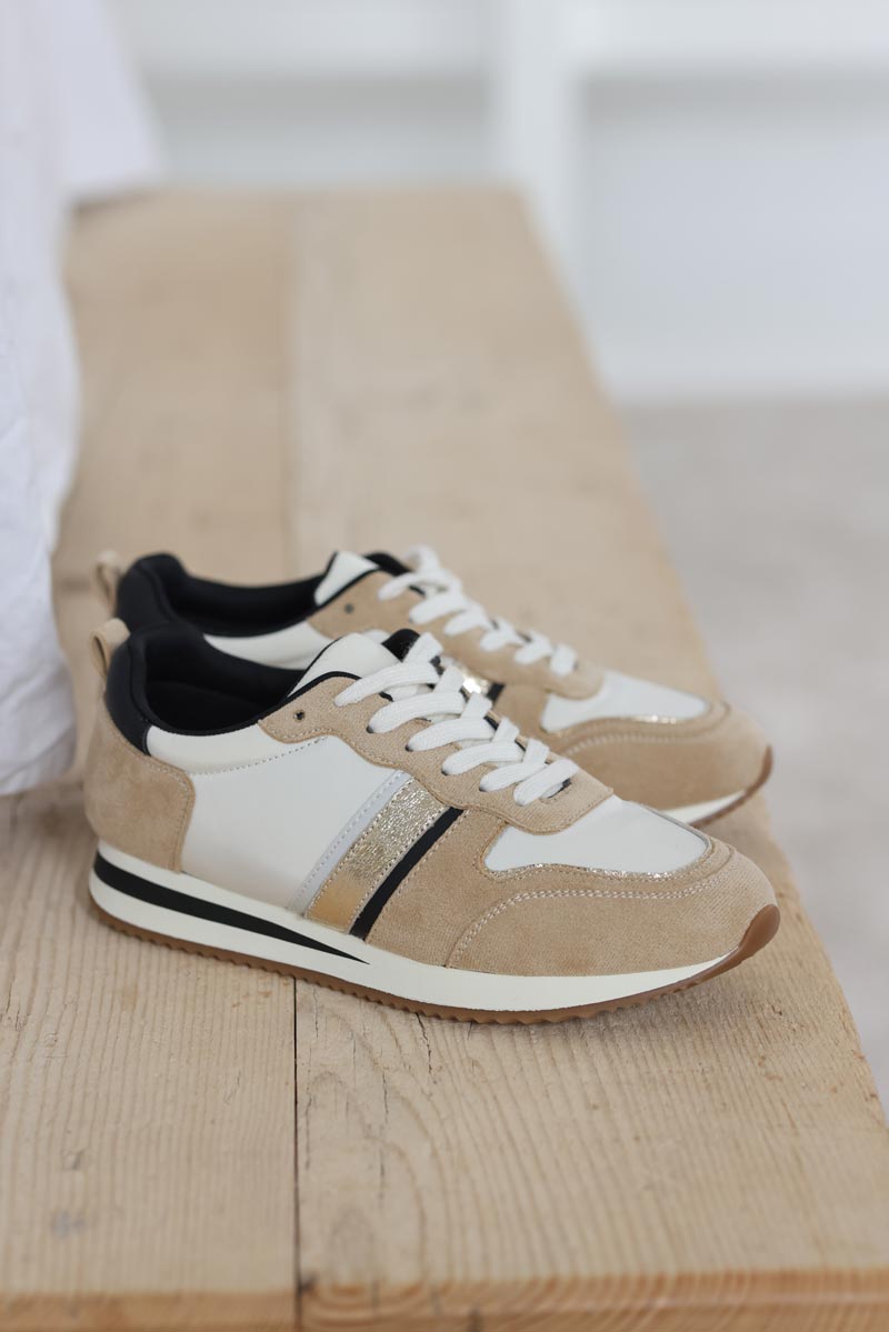 Baskets running beige dorees et noires H003 (1)