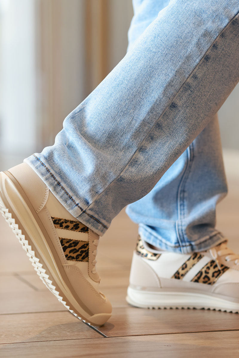 Cream and Leopard Stripe Chunky Heel Sneakers