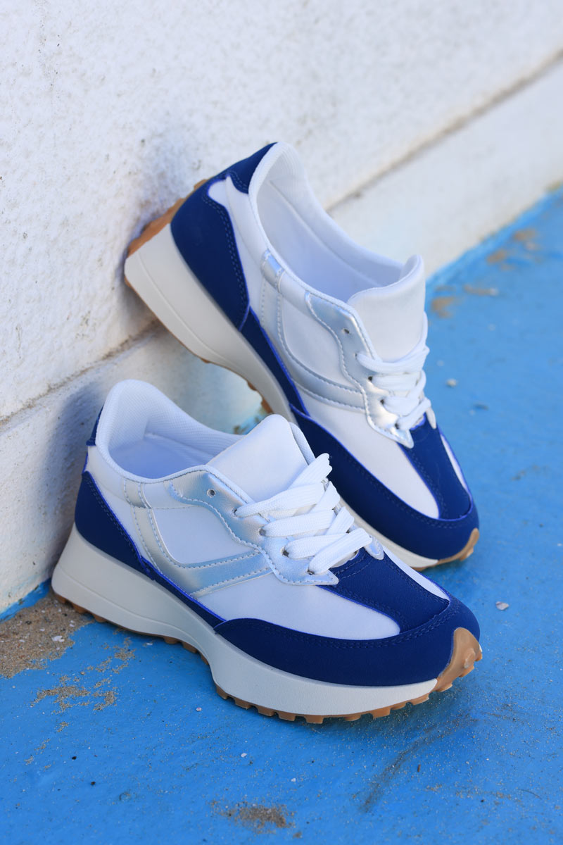 Running-style sneakers in white and navy blue suedette