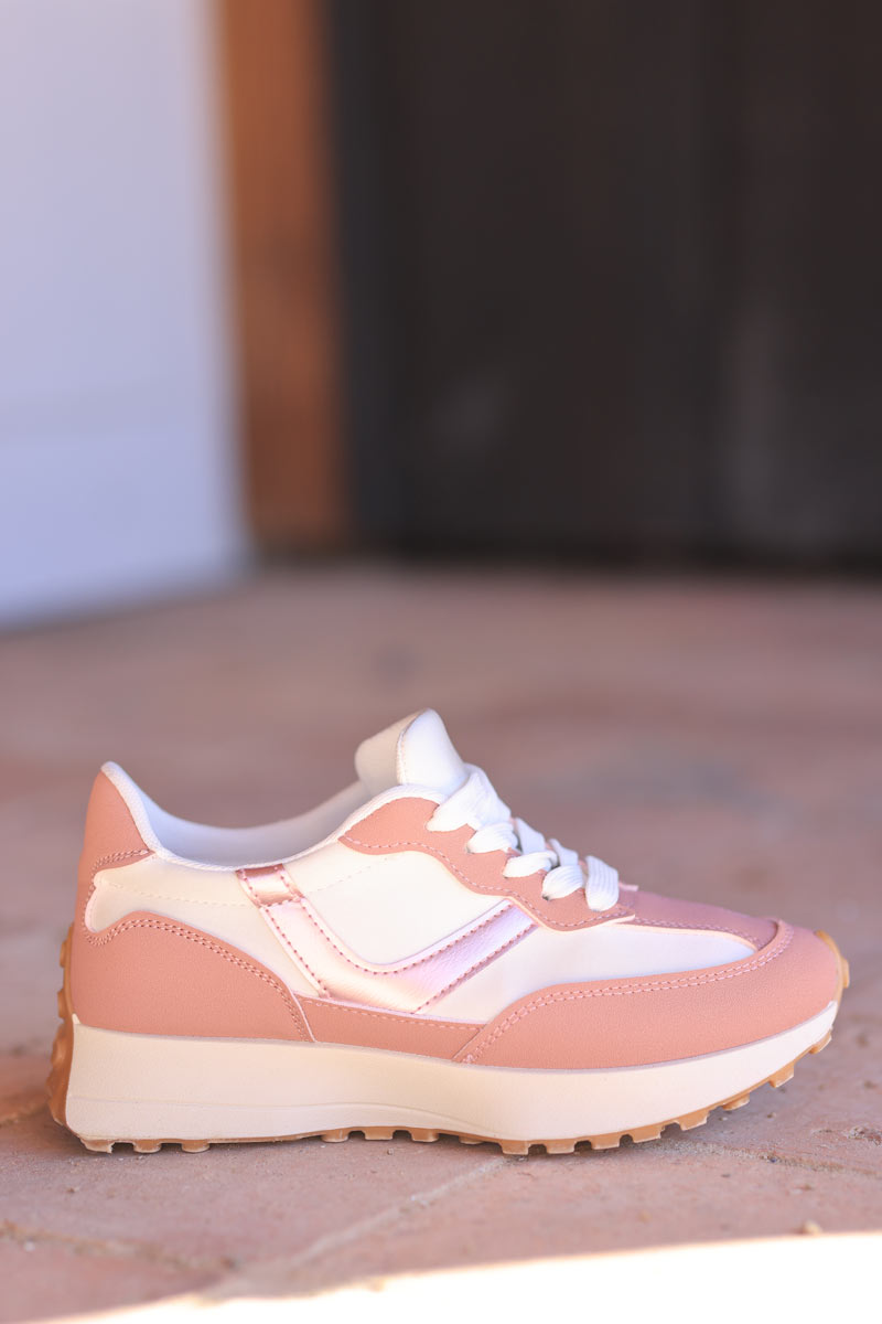 Running-style sneakers in white and dusty pink suedette