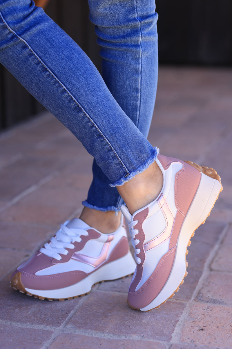 Running-style sneakers in white and dusty pink suedette