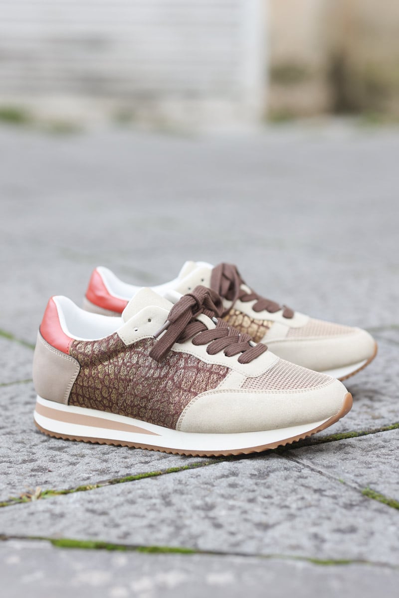 Baskets running taupe motif animal brillant G084 (1)