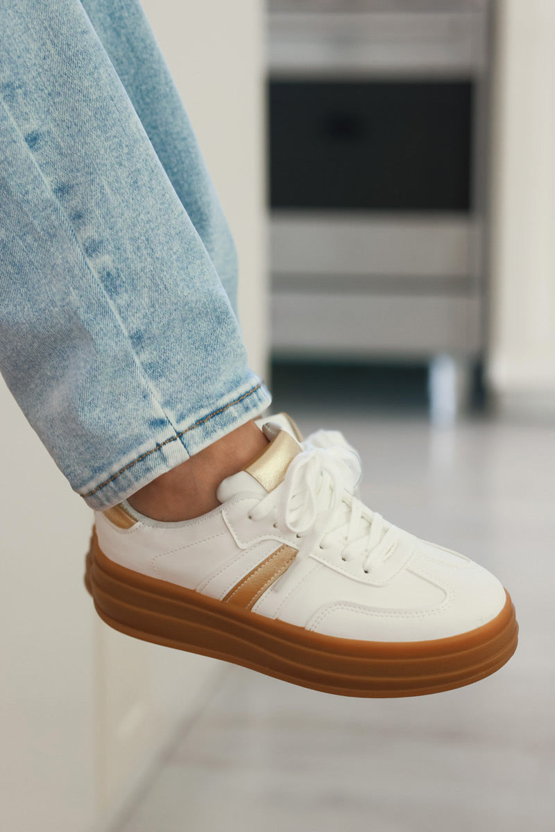 White Vegan Leather Striped Gold Heel Trainers