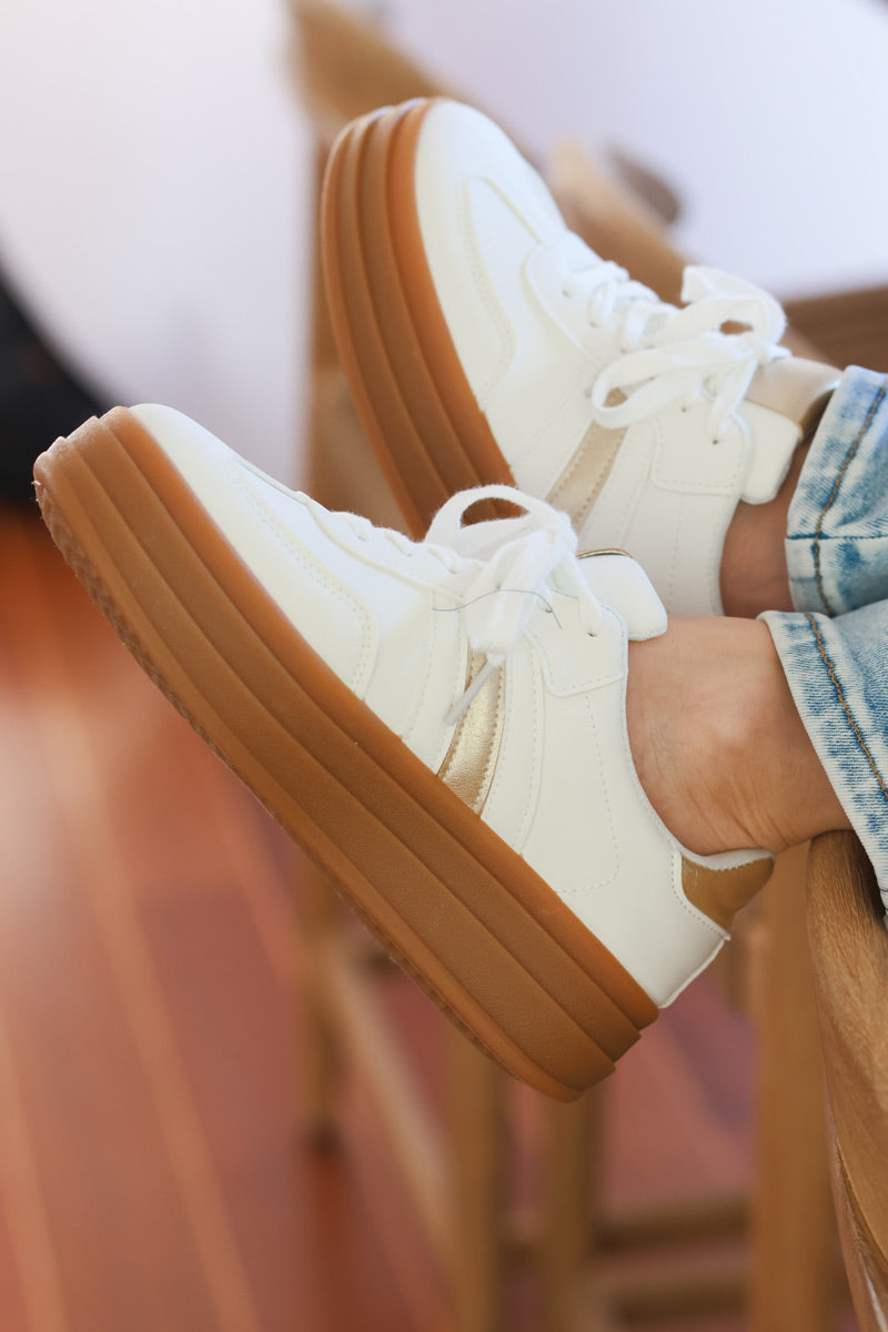 White Vegan Leather Striped Gold Heel Trainers