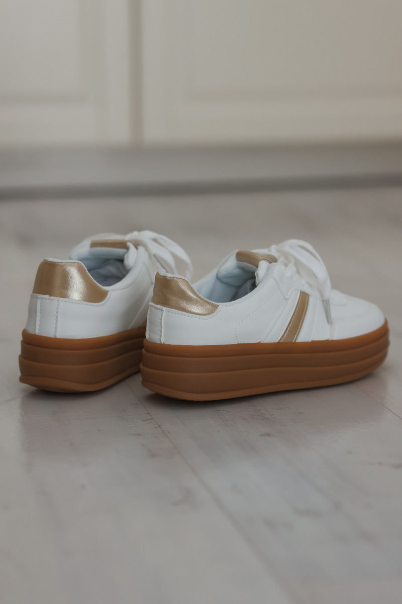 White Vegan Leather Striped Gold Heel Trainers