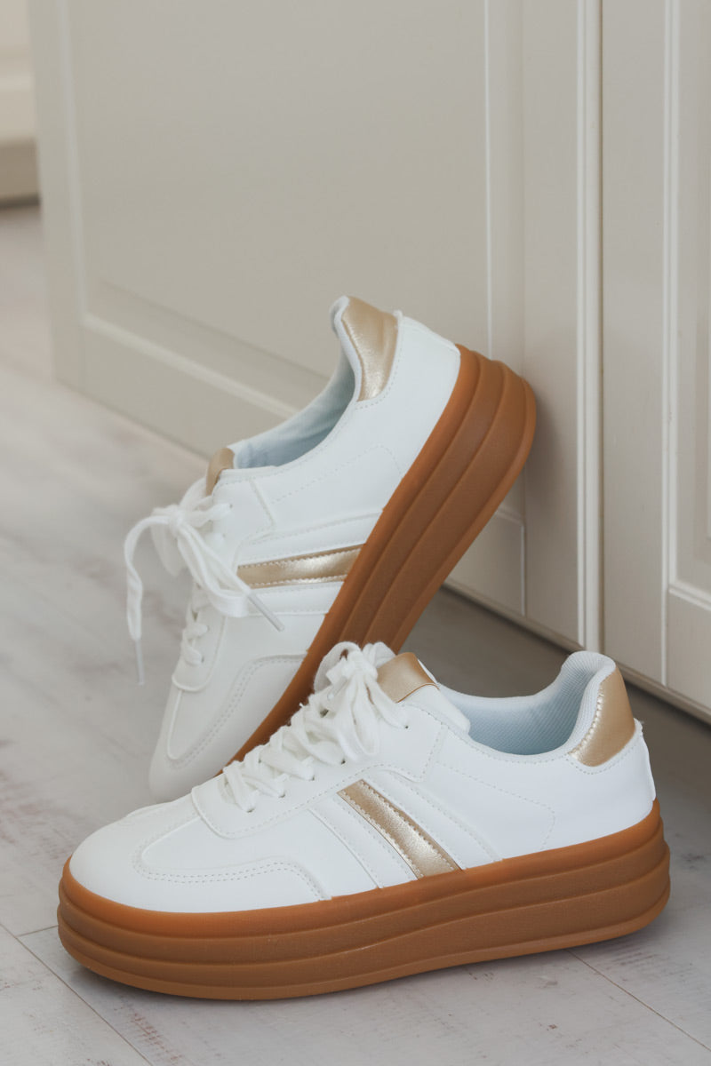 White Vegan Leather Striped Gold Heel Trainers