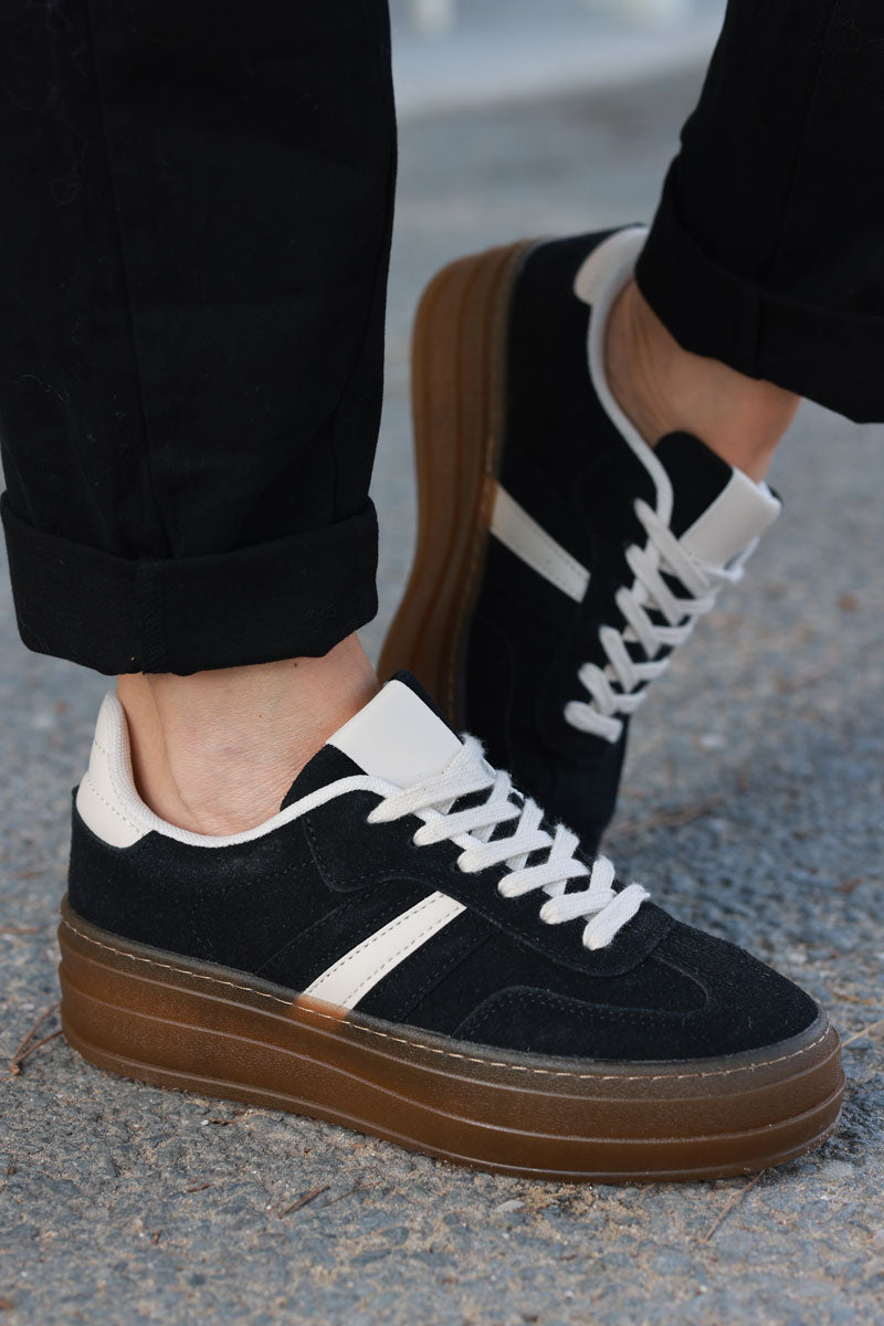 Black and Beige Sueded Striped Sport Sneakers