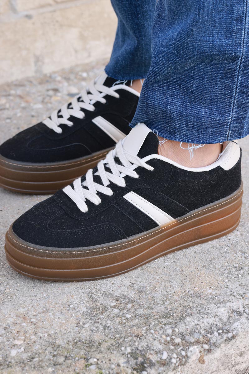 Black and Beige Sueded Striped Sport Sneakers