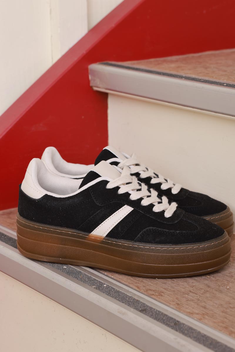 Black and Beige Sueded Striped Sport Sneakers