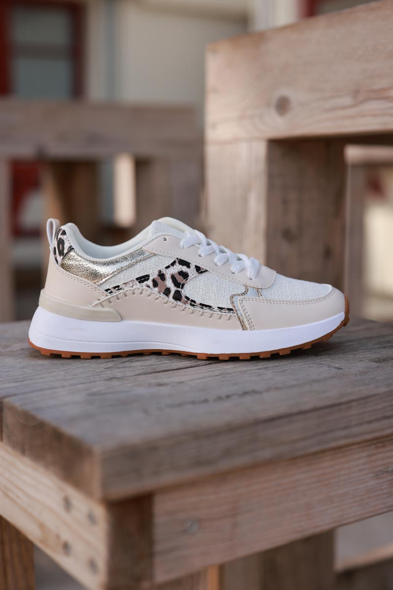 Baskets style running beige empiècements léopard et gold