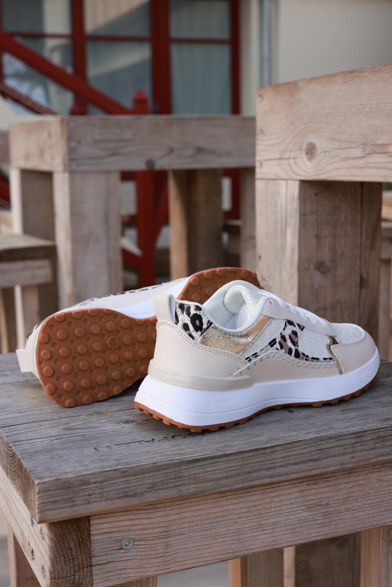 Baskets style running beige empiècements léopard et gold