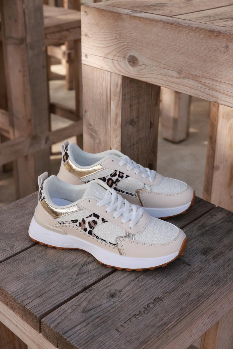 Baskets style running beige empiècements léopard et gold