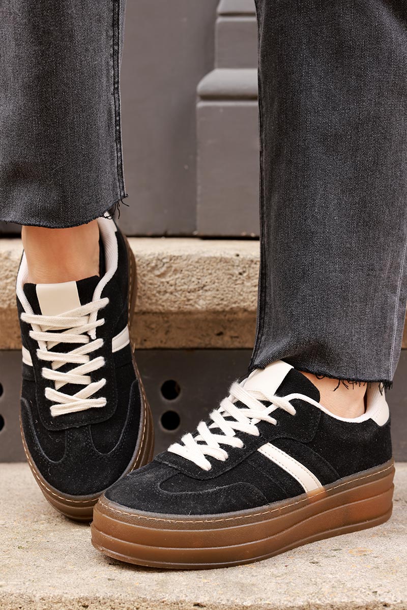 Black and Beige Sueded Striped Sport Sneakers