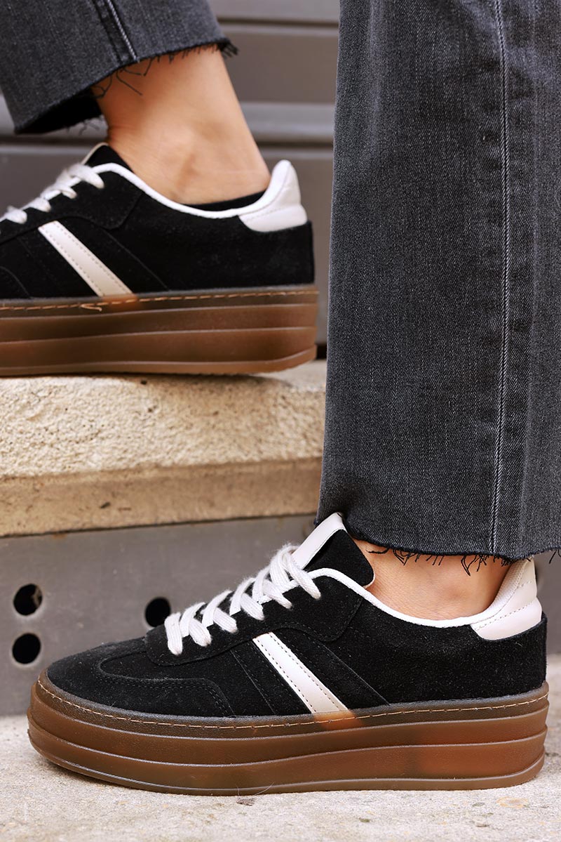 Black and Beige Sueded Striped Sport Sneakers